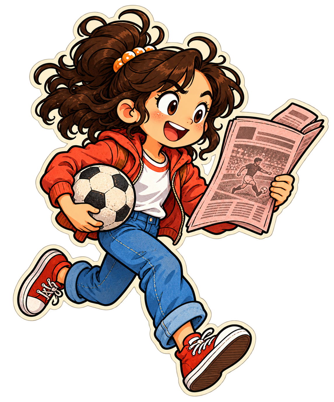 Amélie liest eine Fußballzeitung mit einem Ball unter dem Arm
